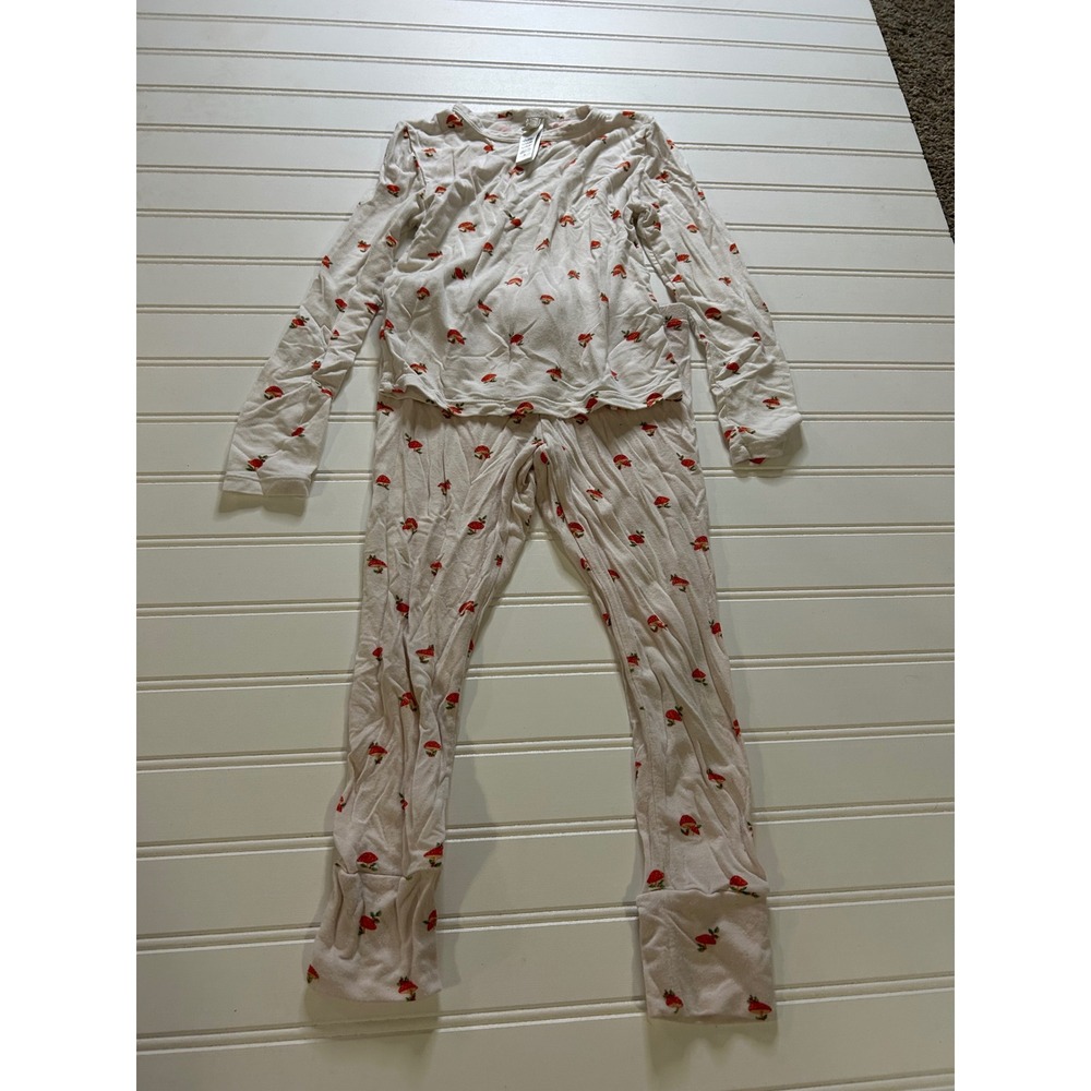 Skims Kids Mushroom Print Pajama Set Long Sleeve Top Leggings Size 5 Off-White